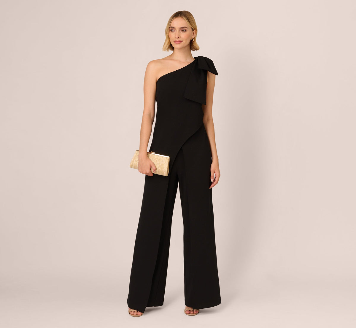 One Shoulder Bow Jumpsuit - Black | Adrianna Papell