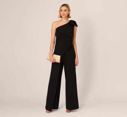 One Shoulder Bow Jumpsuit - Black | Adrianna Papell
