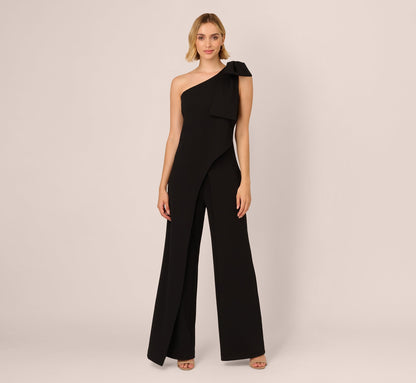 One Shoulder Bow Jumpsuit - Black | Adrianna Papell