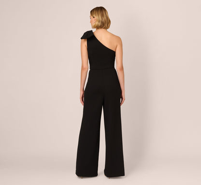 One Shoulder Bow Jumpsuit - Black | Adrianna Papell