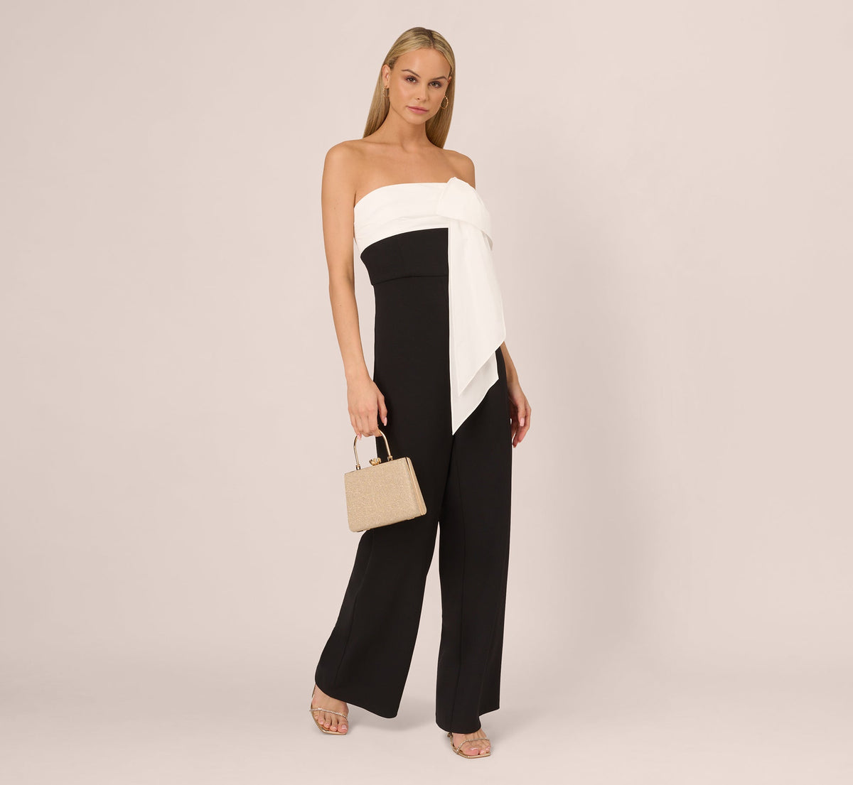Colorblock Crepe Strapless Jumpsuit With Bow Accent - Black White | Adrianna Papell