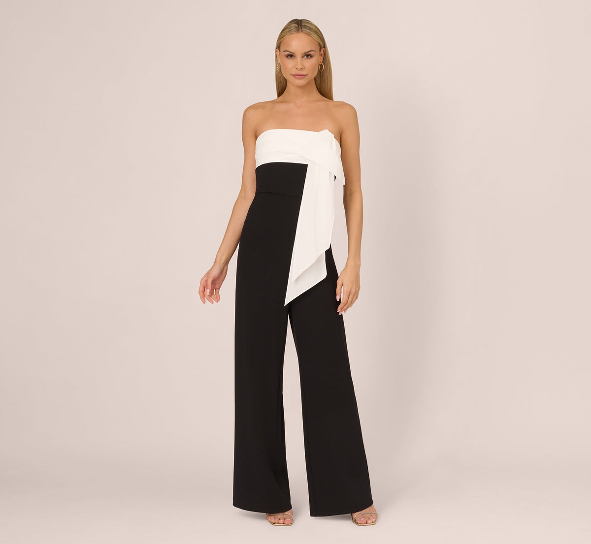 Colorblock Crepe Strapless Jumpsuit With Bow Accent - Black White | Adrianna Papell