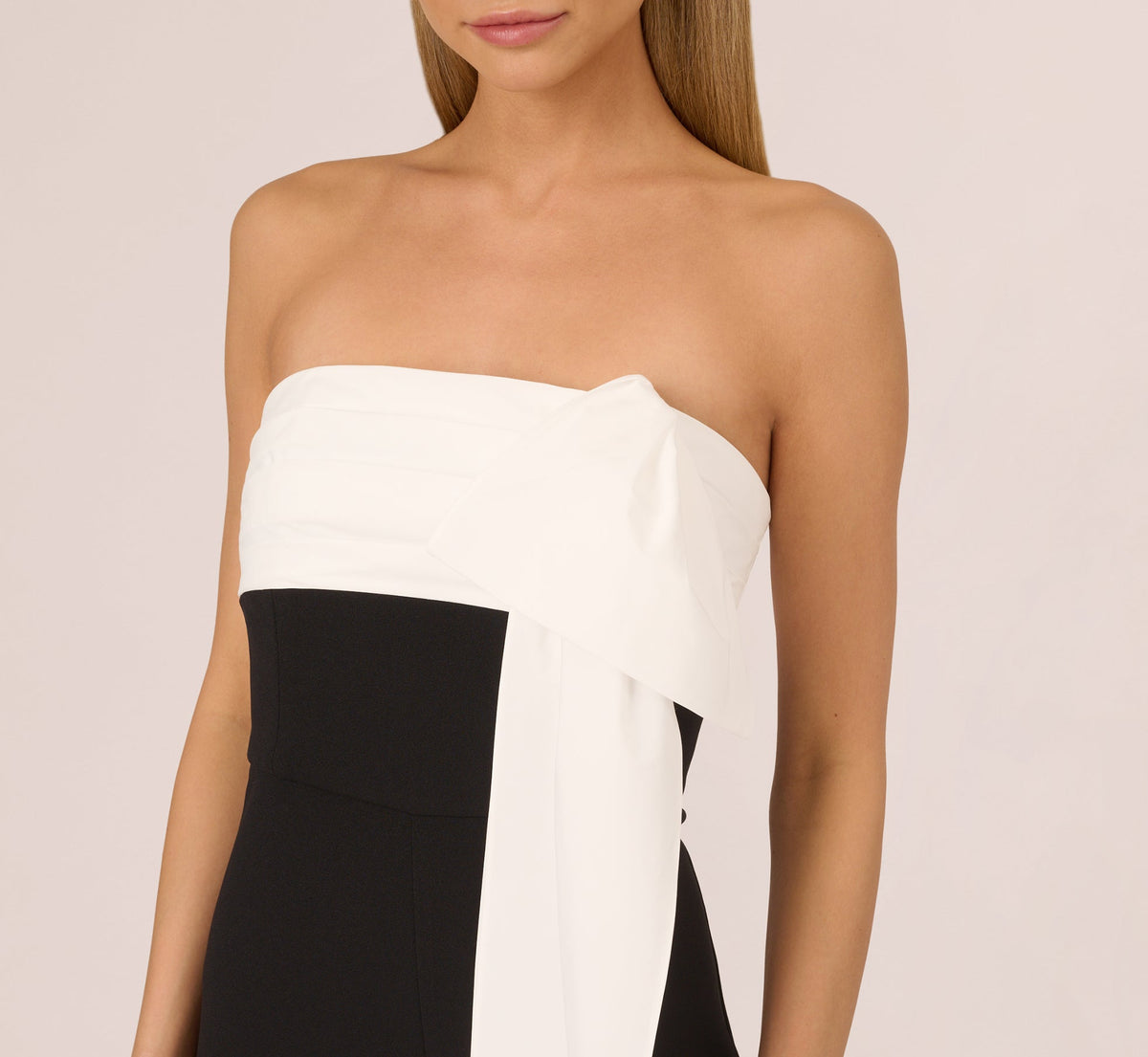 Colorblock Crepe Strapless Jumpsuit With Bow Accent - Black White | Adrianna Papell