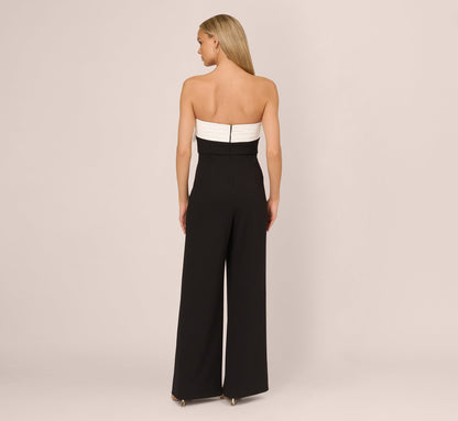 Colorblock Crepe Strapless Jumpsuit With Bow Accent - Black White | Adrianna Papell