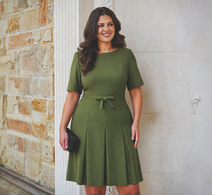 Plus Size Knit Crepe Bow Front Dress - Olive Cypress | Adrianna Papell