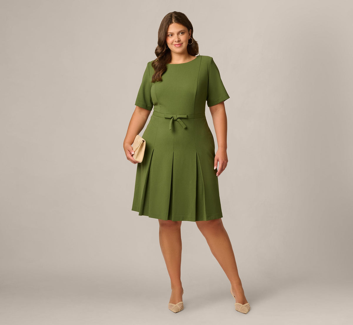 Plus Size Knit Crepe Bow Front Dress - Olive Cypress | Adrianna Papell