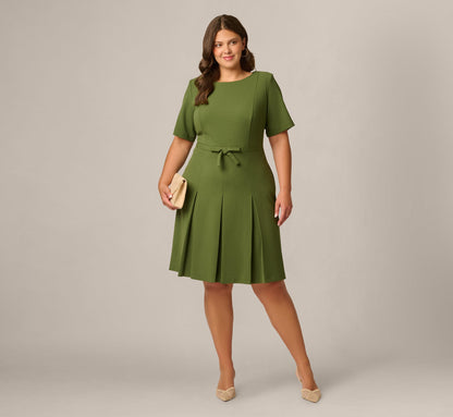 Plus Size Knit Crepe Bow Front Dress - Olive Cypress | Adrianna Papell