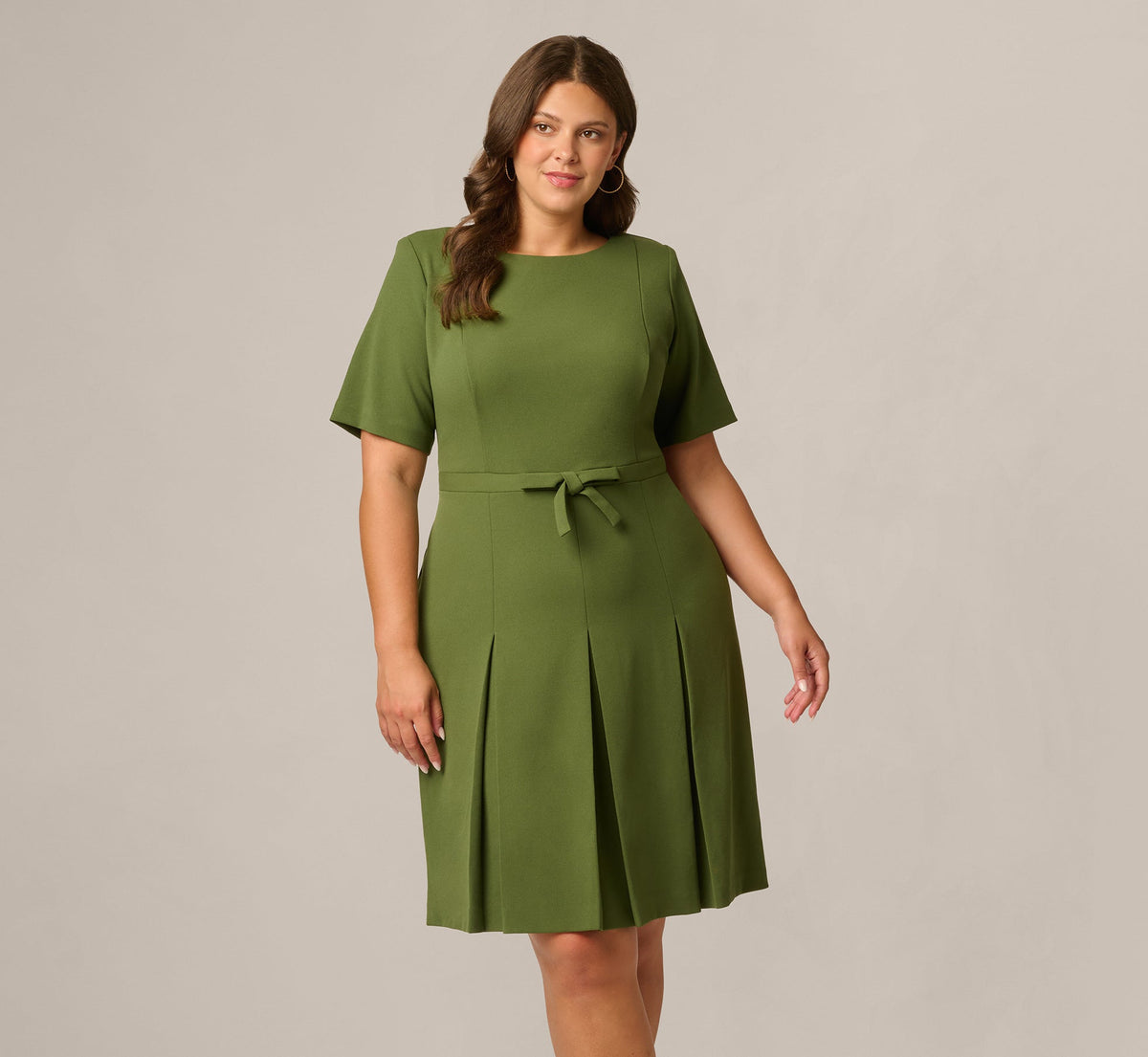 Plus Size Knit Crepe Bow Front Dress - Olive Cypress | Adrianna Papell