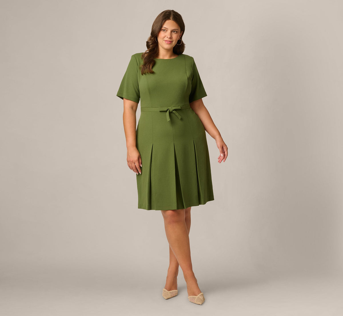 Plus Size Knit Crepe Bow Front Dress - Olive Cypress | Adrianna Papell