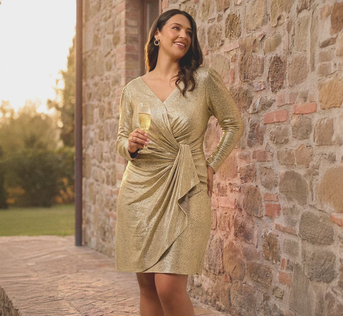 Plus Size Foil Knit Faux Wrap Dress With Long Sleeves - Light Gold | Adrianna Papell