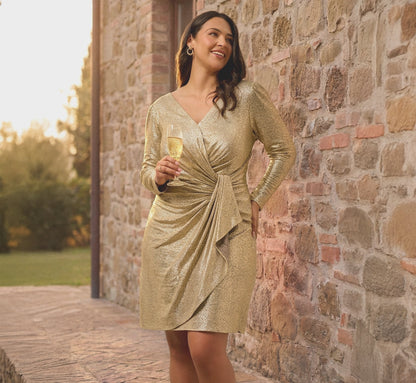 Plus Size Foil Knit Faux Wrap Dress With Long Sleeves - Light Gold | Adrianna Papell