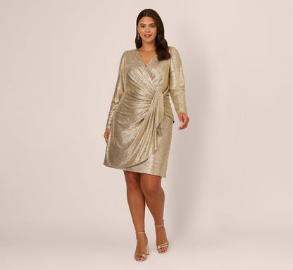 Plus Size Foil Knit Faux Wrap Dress With Long Sleeves - Light Gold | Adrianna Papell