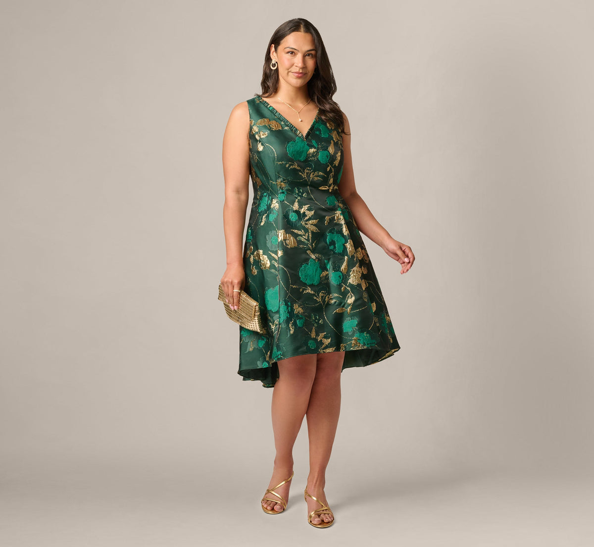 Plus Size V Neck Metallic Jacquard Fit And Flare Midi Dress - Hunter Gold | Adrianna Papell