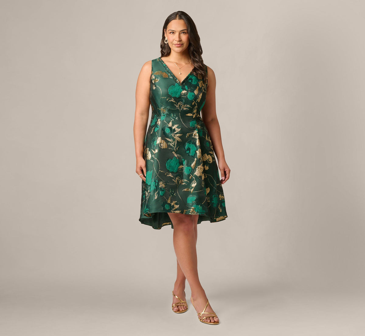 Plus Size V Neck Metallic Jacquard Fit And Flare Midi Dress - Hunter Gold | Adrianna Papell