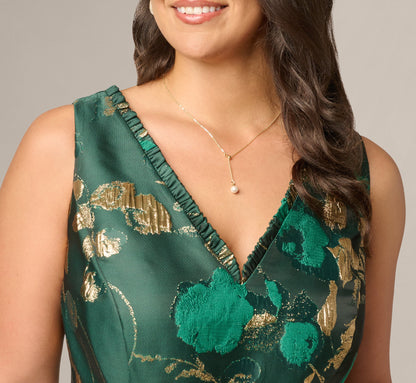 Plus Size V Neck Metallic Jacquard Fit And Flare Midi Dress - Hunter Gold | Adrianna Papell