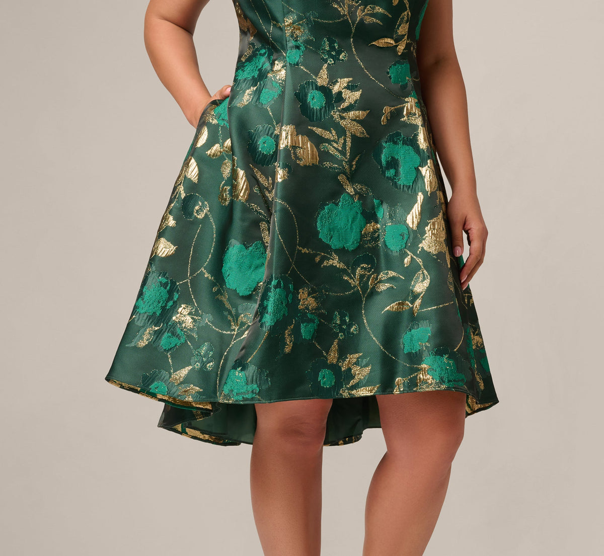 Plus Size V Neck Metallic Jacquard Fit And Flare Midi Dress - Hunter Gold | Adrianna Papell