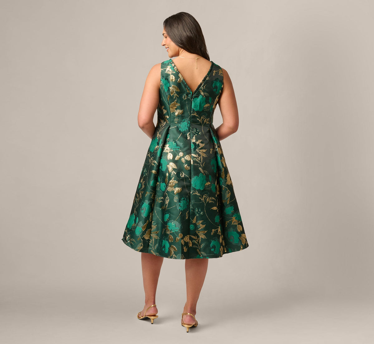 Plus Size V Neck Metallic Jacquard Fit And Flare Midi Dress - Hunter Gold | Adrianna Papell