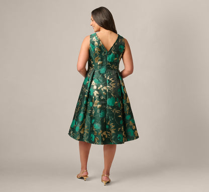 Plus Size V Neck Metallic Jacquard Fit And Flare Midi Dress - Hunter Gold | Adrianna Papell