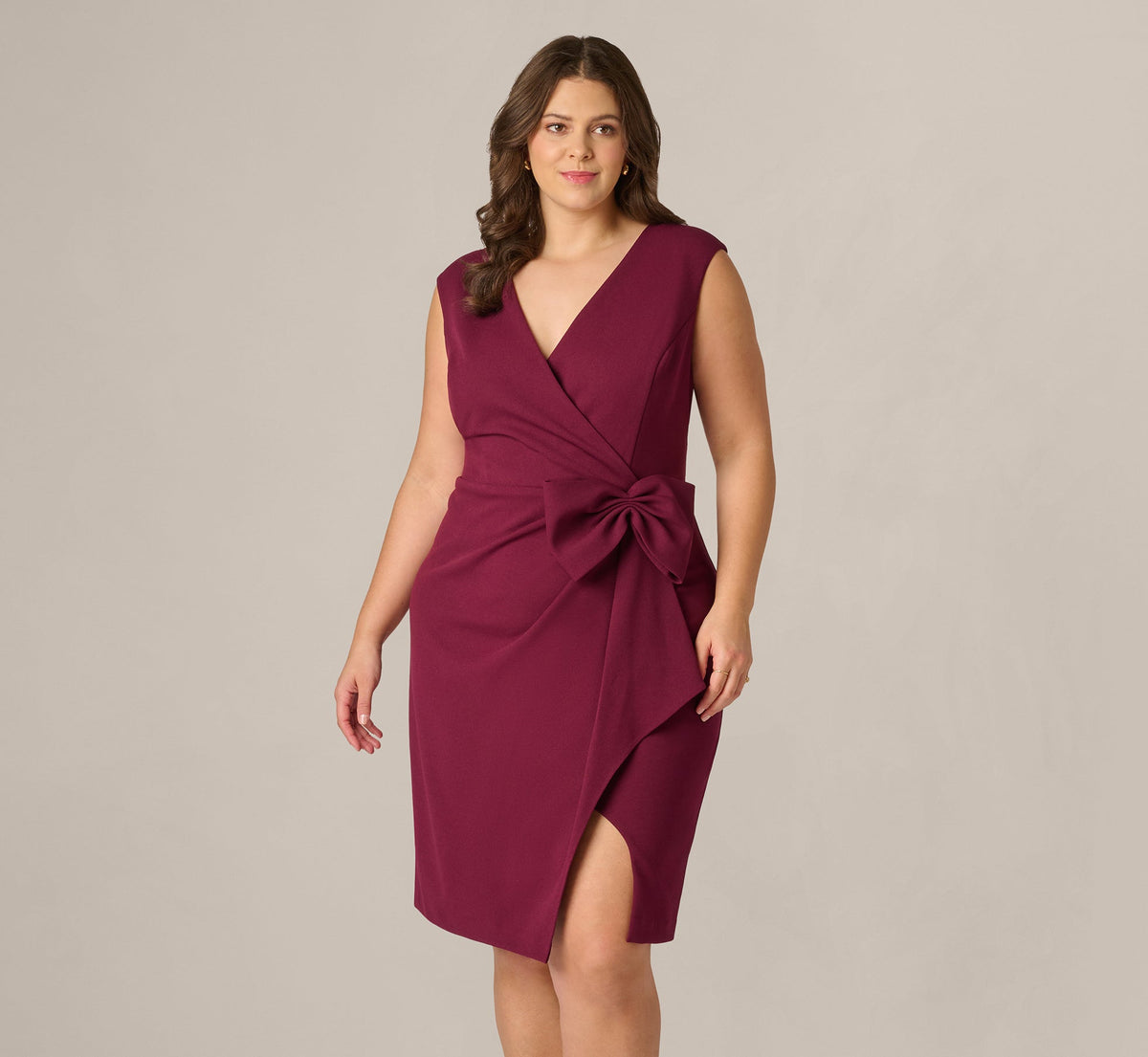 Plus Size Bow Accent Stretch Wrap Dress - Cabernet | Adrianna Papell