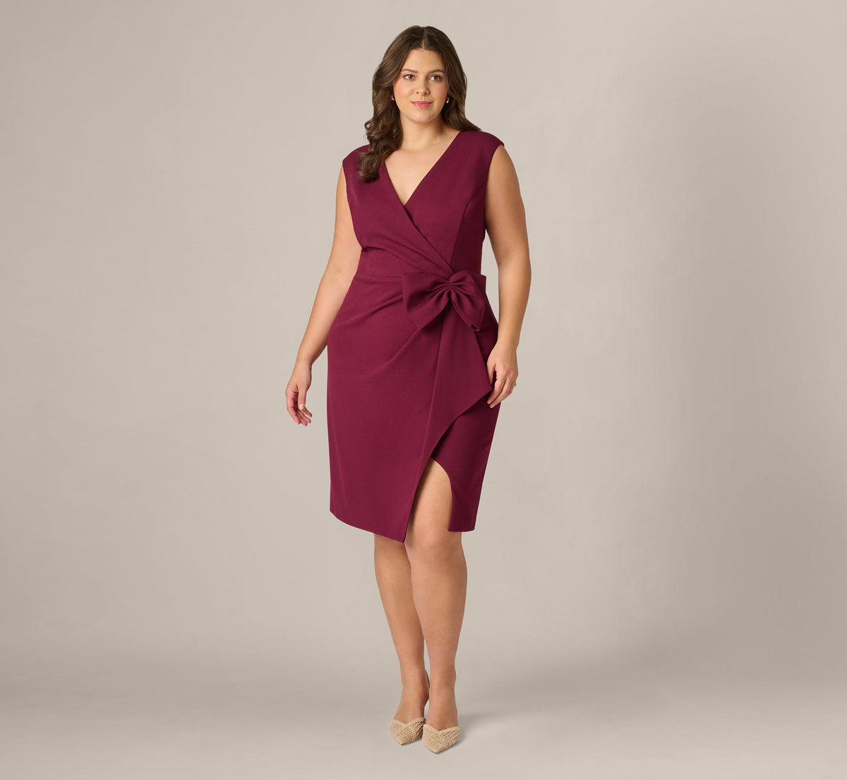 Plus Size Bow Accent Stretch Wrap Dress - Cabernet | Adrianna Papell