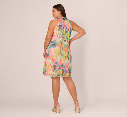 Plus Size Floral Ruffle Chiffon Halter Trapeze Dress - Pink Multi | Adrianna Papell