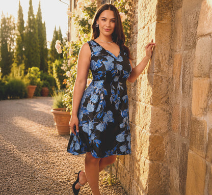 Plus Size Floral Jacquard Short Fit And Flare Dress - Blue Black Multi | Adrianna Papell