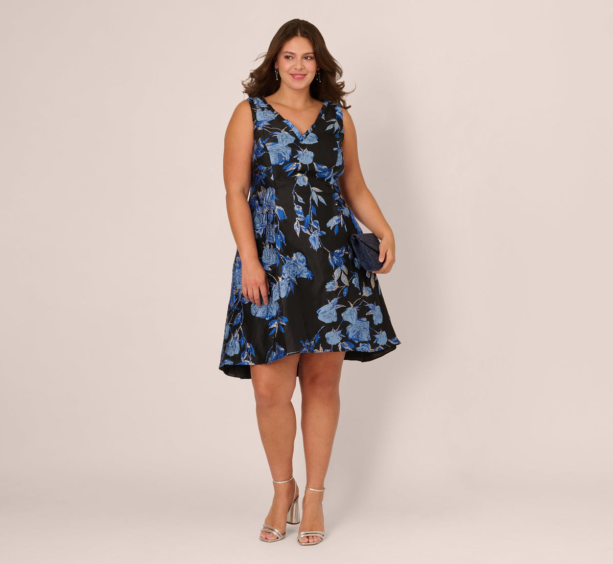 Plus Size Floral Jacquard Short Fit And Flare Dress - Blue Black Multi | Adrianna Papell