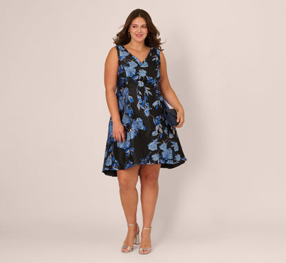 Plus Size Floral Jacquard Short Fit And Flare Dress - Blue Black Multi | Adrianna Papell