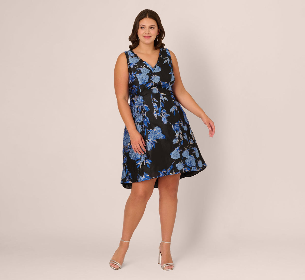 Plus Size Floral Jacquard Short Fit And Flare Dress - Blue Black Multi | Adrianna Papell
