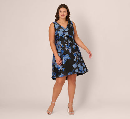 Plus Size Floral Jacquard Short Fit And Flare Dress - Blue Black Multi | Adrianna Papell