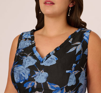 Plus Size Floral Jacquard Short Fit And Flare Dress - Blue Black Multi | Adrianna Papell