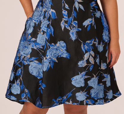 Plus Size Floral Jacquard Short Fit And Flare Dress - Blue Black Multi | Adrianna Papell