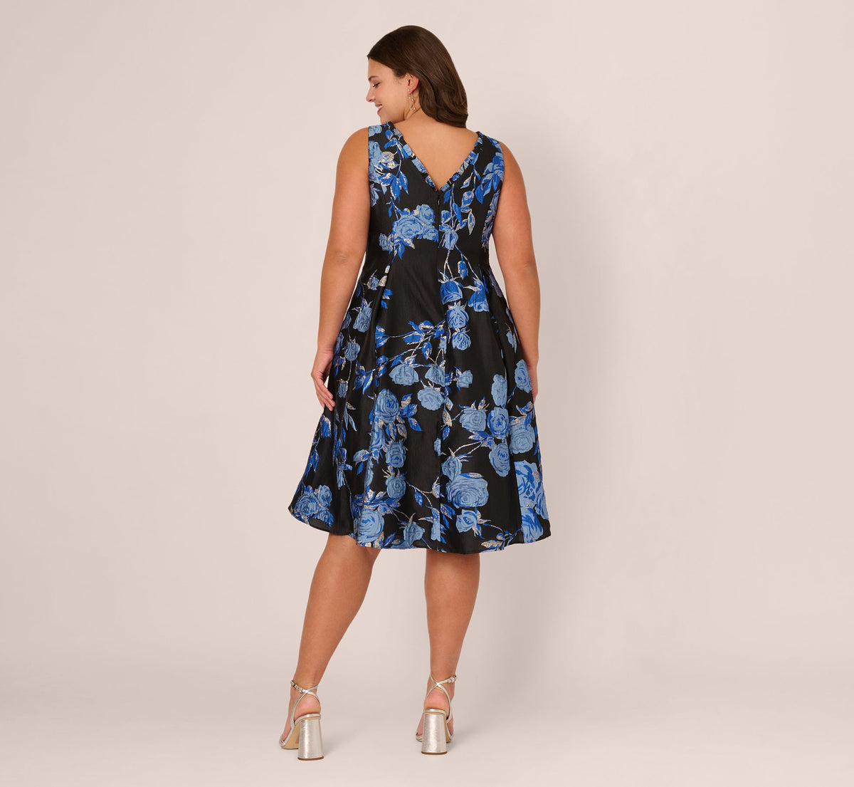 Plus Size Floral Jacquard Short Fit And Flare Dress - Blue Black Multi | Adrianna Papell