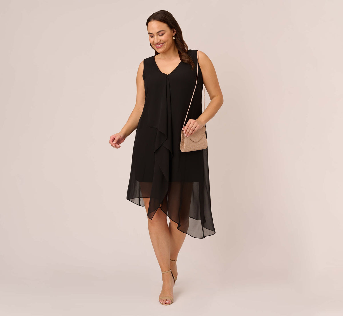 Plus Size Sleeveless Chiffon Dress With Cascading Details - Black | Adrianna Papell