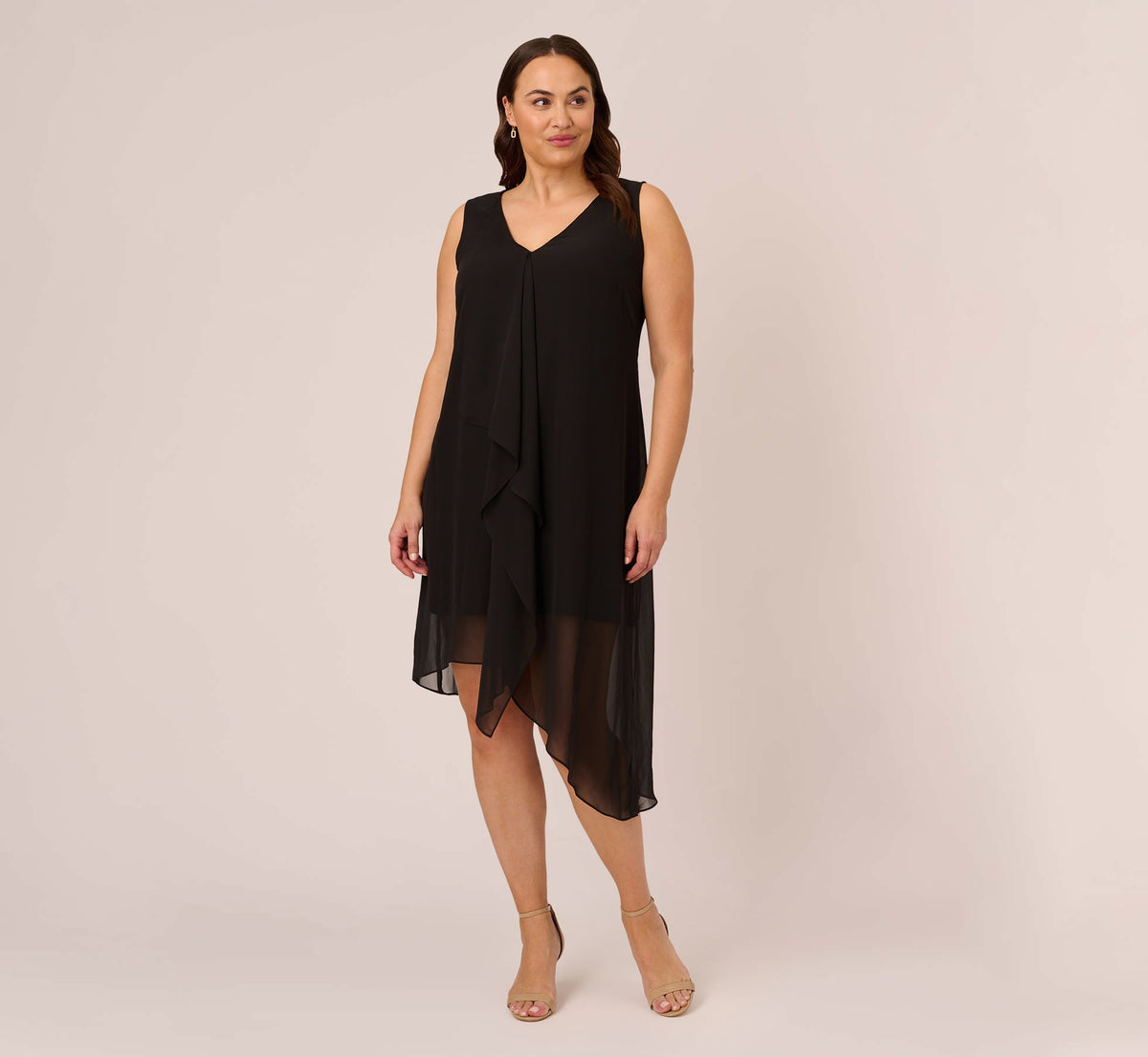 Plus Size Sleeveless Chiffon Dress With Cascading Details - Black | Adrianna Papell