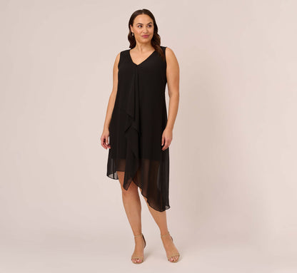 Plus Size Sleeveless Chiffon Dress With Cascading Details - Black | Adrianna Papell