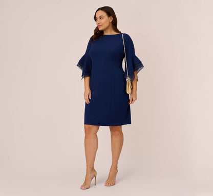 Plus Size Knit Crepe Sheath Dress With Tiered Three Quarter Sleeves - Navy Sateen | Adrianna Papell