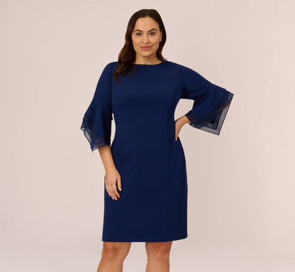 Plus Size Knit Crepe Sheath Dress With Tiered Three Quarter Sleeves - Navy Sateen | Adrianna Papell