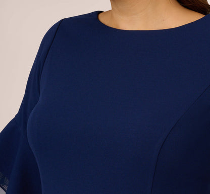 Plus Size Knit Crepe Sheath Dress With Tiered Three Quarter Sleeves - Navy Sateen | Adrianna Papell