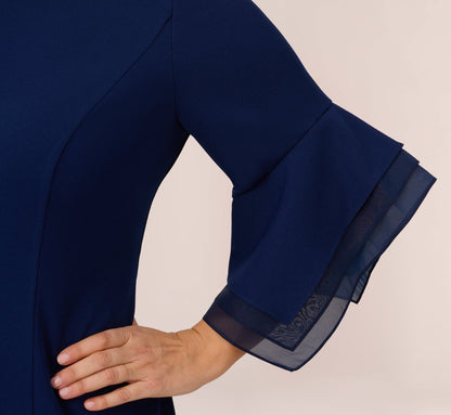 Plus Size Knit Crepe Sheath Dress With Tiered Three Quarter Sleeves - Navy Sateen | Adrianna Papell