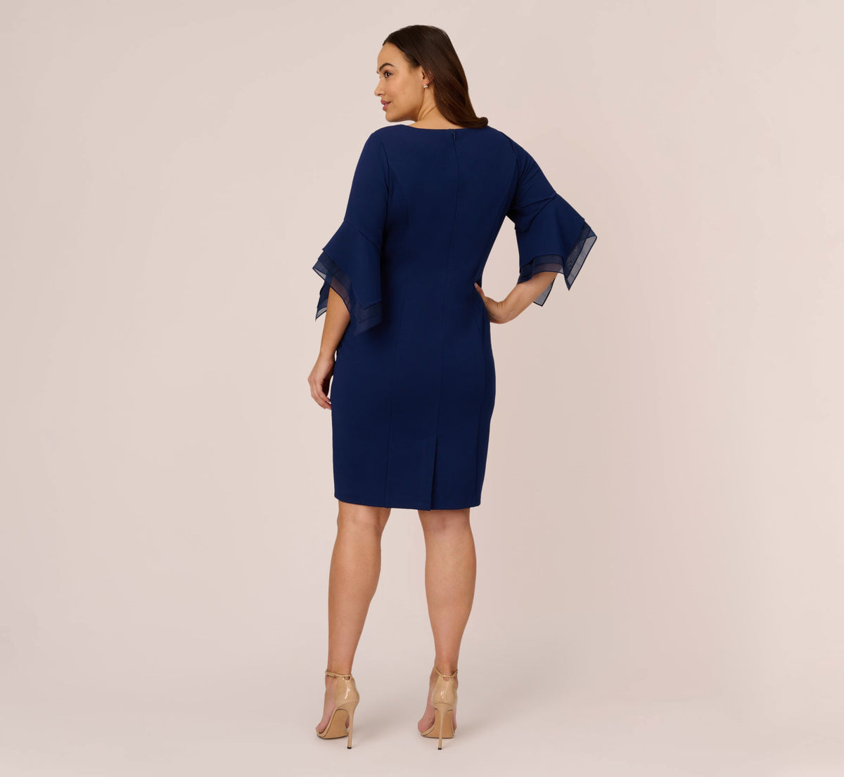 Plus Size Knit Crepe Sheath Dress With Tiered Three Quarter Sleeves - Navy Sateen | Adrianna Papell