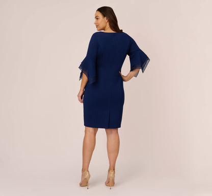 Plus Size Knit Crepe Sheath Dress With Tiered Three Quarter Sleeves - Navy Sateen | Adrianna Papell