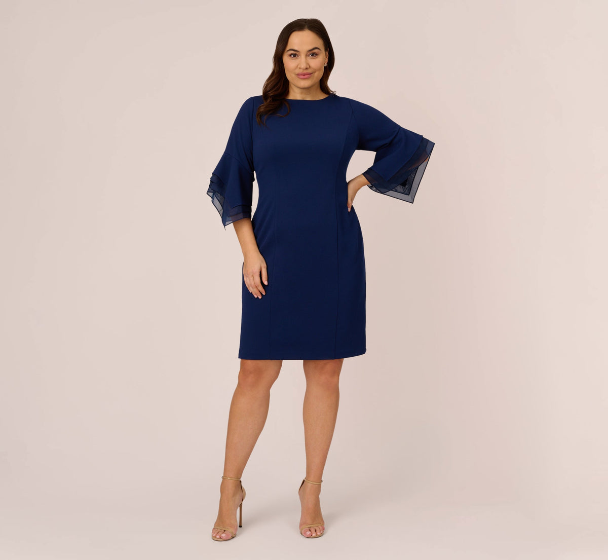 Plus Size Knit Crepe Sheath Dress With Tiered Three Quarter Sleeves - Navy Sateen | Adrianna Papell