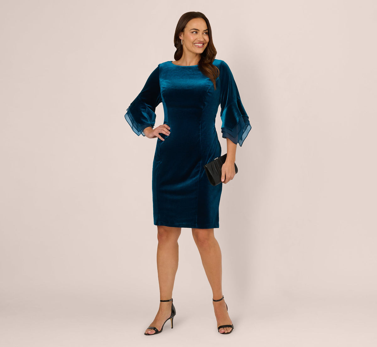 Plus Size Velvet Sheath Dress With Tiered Three Quarter Sleeves - Dark Teal | Adrianna Papell