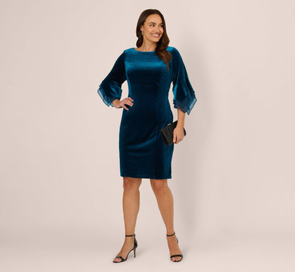 Plus Size Velvet Sheath Dress With Tiered Three Quarter Sleeves - Dark Teal | Adrianna Papell