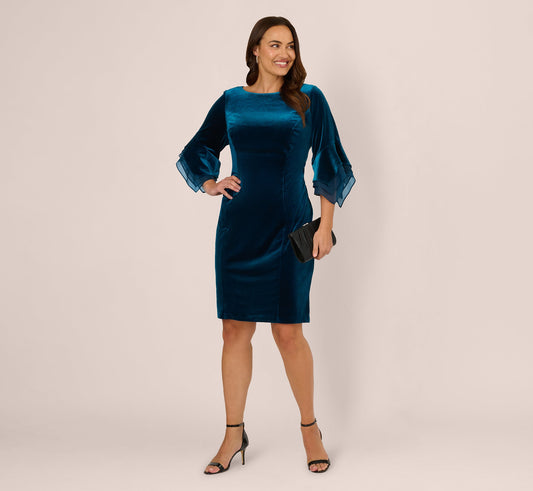 Plus Size Velvet Sheath Dress With Tiered Three Quarter Sleeves - Dark Teal | Adrianna Papell