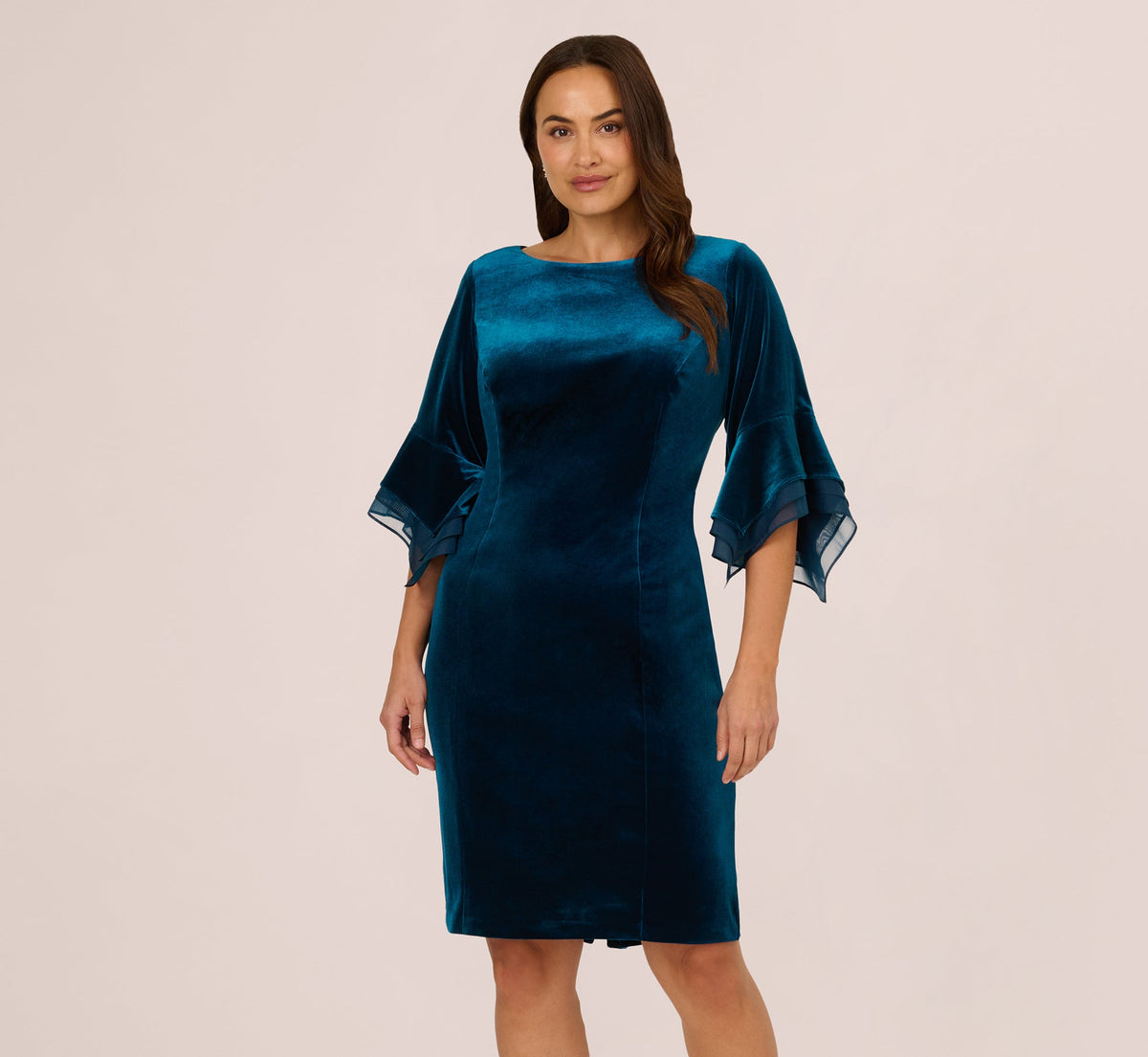 Plus Size Velvet Sheath Dress With Tiered Three Quarter Sleeves - Dark Teal | Adrianna Papell