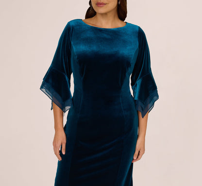 Plus Size Velvet Sheath Dress With Tiered Three Quarter Sleeves - Dark Teal | Adrianna Papell