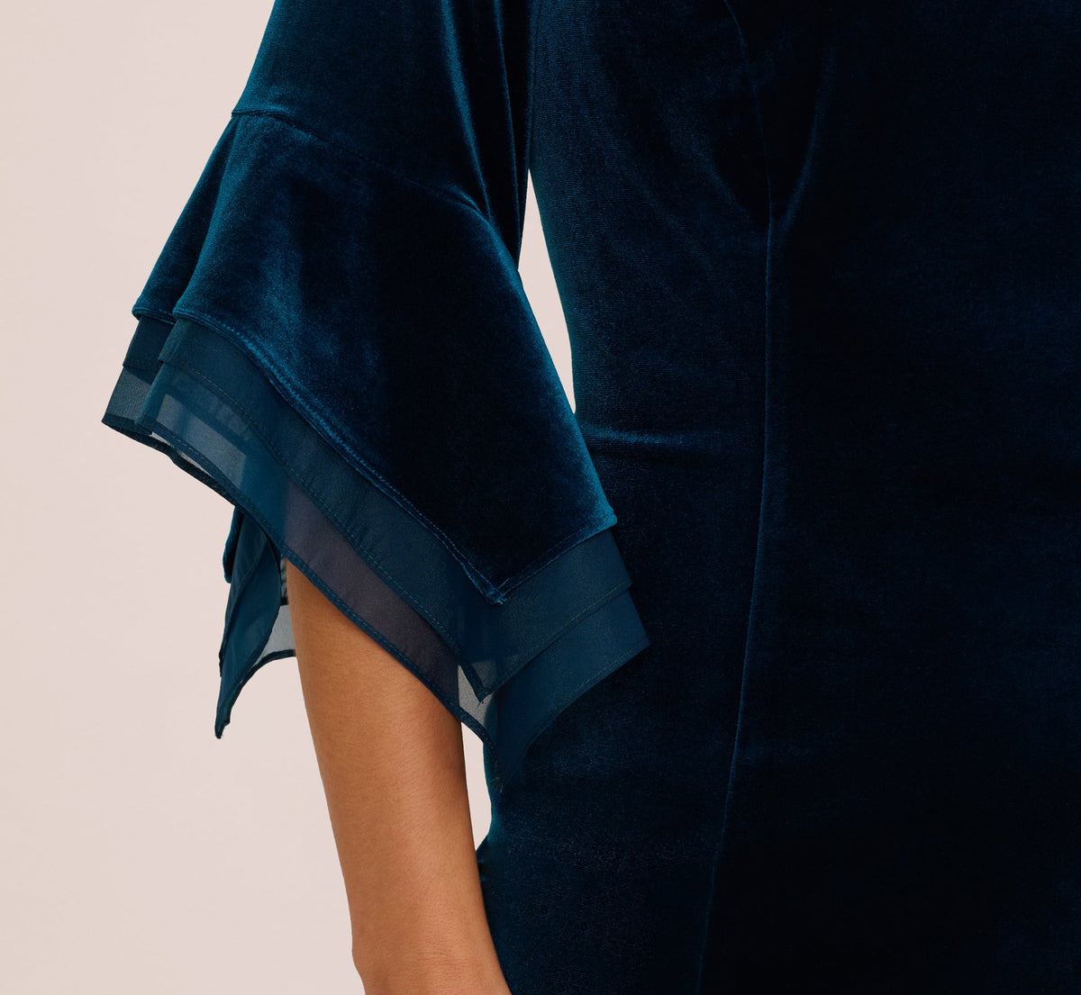 Plus Size Velvet Sheath Dress With Tiered Three Quarter Sleeves - Dark Teal | Adrianna Papell