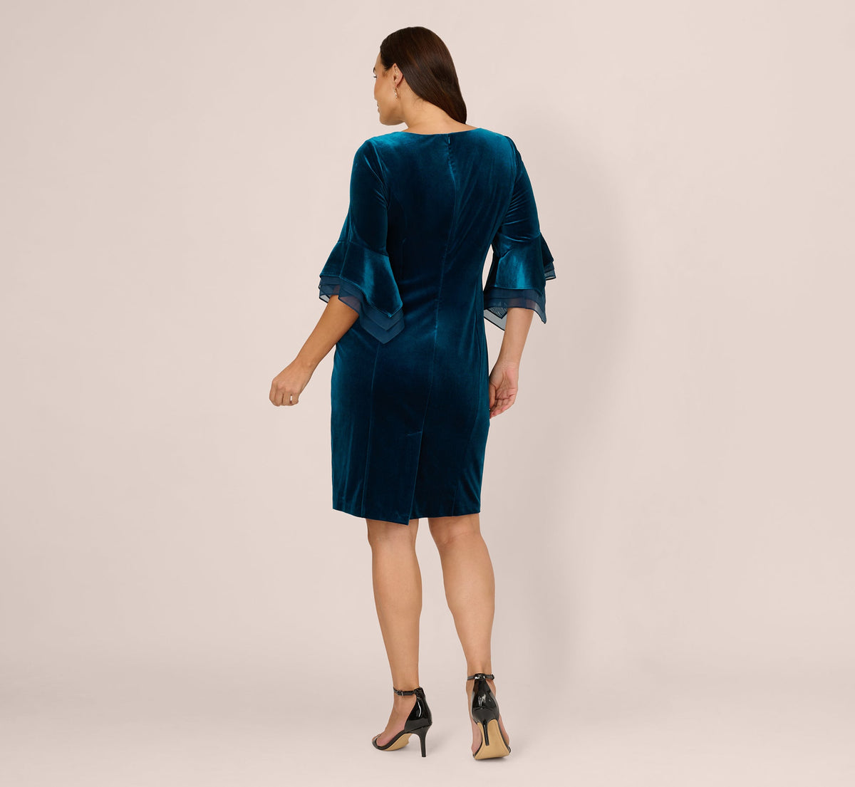 Plus Size Velvet Sheath Dress With Tiered Three Quarter Sleeves - Dark Teal | Adrianna Papell